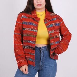 Vintage 00s Y2K Coldwater Creek Red Tweed Striped Shirt Jacket Shaket
